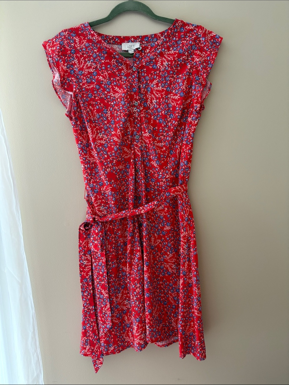 LOFT Red Floral Button-Front Dress with Blue and White Accents